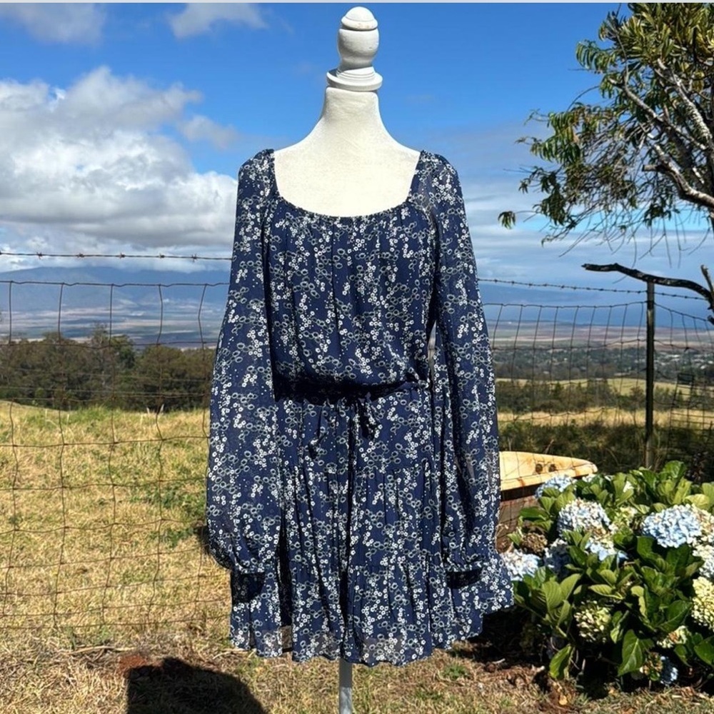Paige Marjoram Silk Peasant Long Sleeve Floral Mini Dress Ink Blue 
Medium